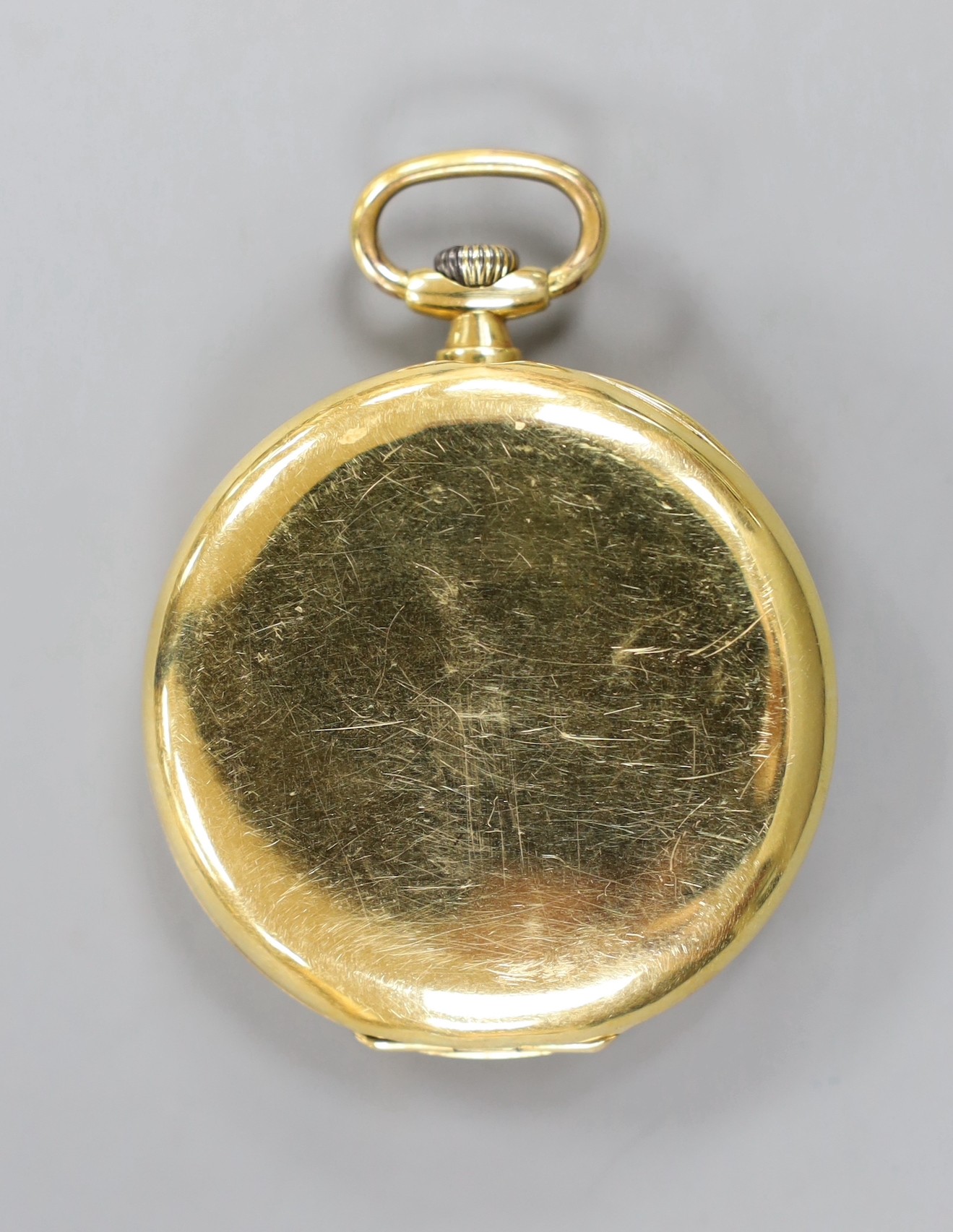 An 18k Longines open face keyless dress pocket watch, with Arabic dial and subsidiary seconds, case diameter 47mm, gross weight 56.5 grams.